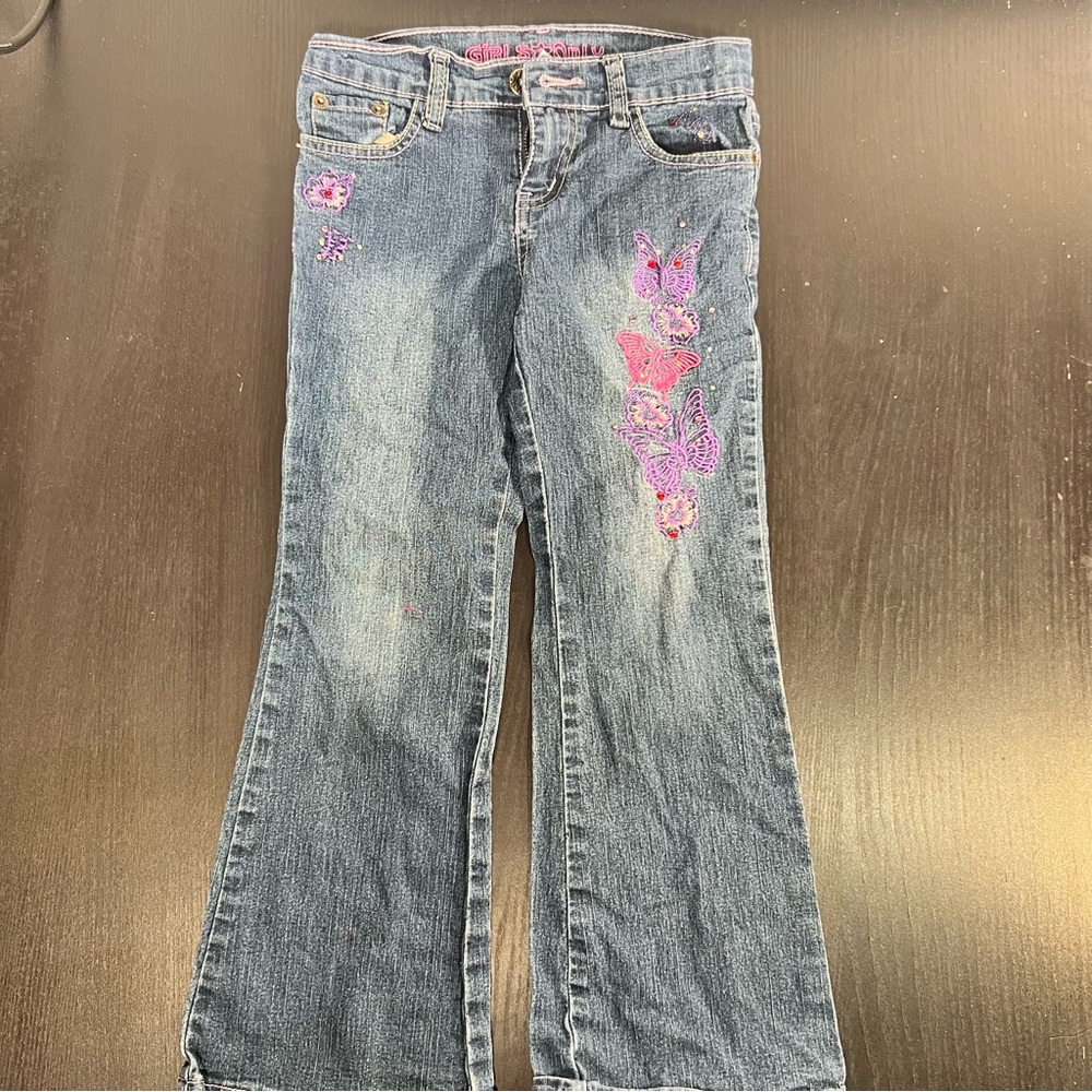 Floral Embellished Blue and Pink Boot-Cut Jeans
